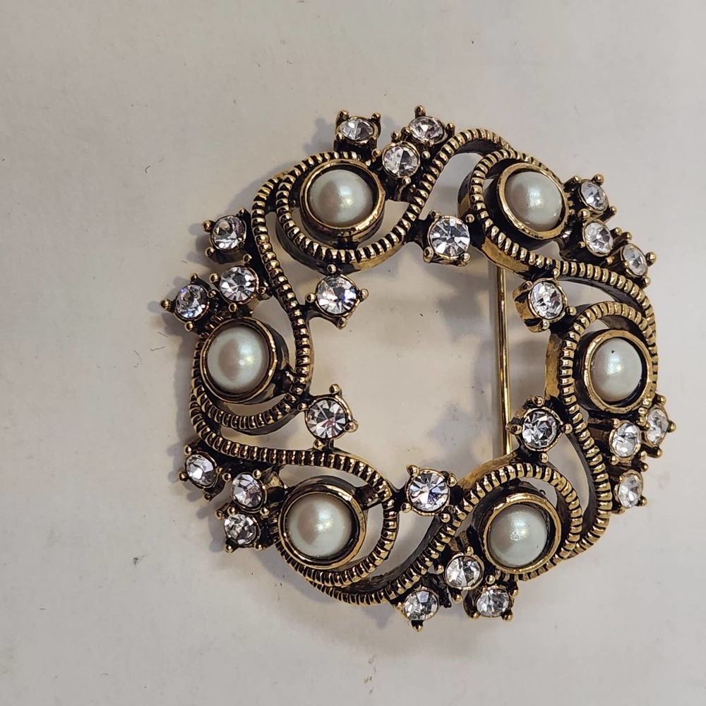 Monet Gold Tone Faux Pearl Crystal Wreath Brooch Pin Swirls Open Work Circle